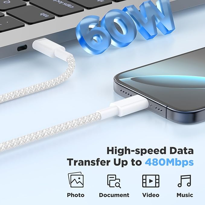 Fast Charging for iPhone 15 16 Pro Max Charger Colorful, 3Pack 20W USB C Fast Chargers Block with 6/6/10ft Long USB C to C Braided Cable Compatible with iPhone 16/15 Pro/15 Plus/iPad Pro 13/12.9，White