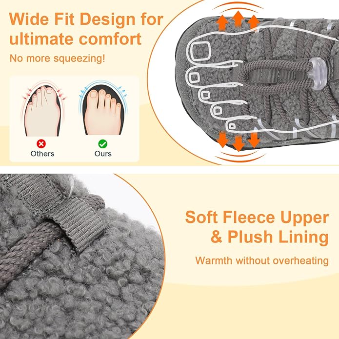 relxfeet Women's Wide Width Slippers Cozy Furry Barefoot House Shoes with Adjustable Fit Non-Slip Indoor Outdoor Slippers for Diabetic Bunion Swollen Feet Friendly