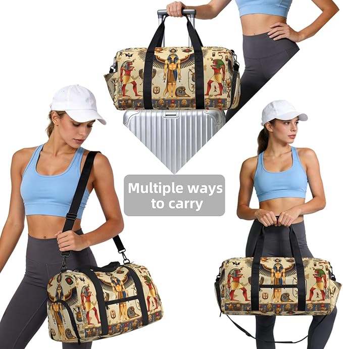 Sports Gym Bag Retro Egyptian Symbols Travel Duffel Bag With Shoe Compartment Shoulder Strap, Lightweight Water-Resistant Weekend Overnight Totes For Women Men