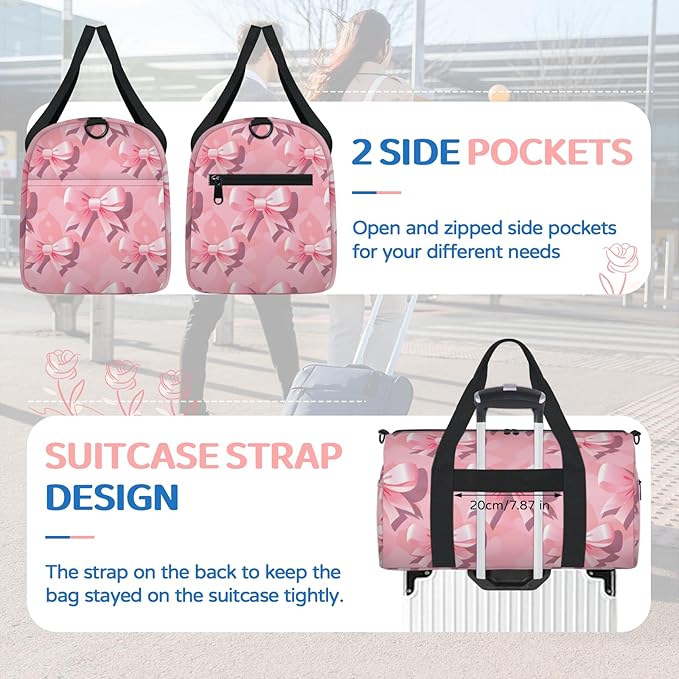 Bow Print Overnight Travel Bag Unisex Pink Carry-On Size Tote Bag Suitable for Travel Duffle Gym Sports