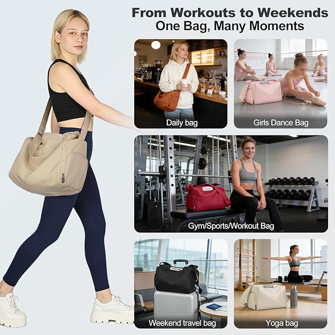 Women's Mini Gym Bag Crossbody, Everyday Sling Duffel with Shoe Compartment & Wet Pocket, Water-Resistant Travel Bag, Khaki