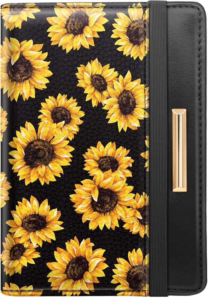 Women's Black Floral Sunflower Passport Wallet Cover with RFID Blocking, 7 Compartments, 4 Card Slots, Magnetic Closure