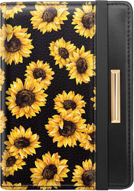 Women's Black Floral Sunflower Passport Wallet Cover with RFID Blocking, 7 Compartments, 4 Card Slots, Magnetic Closure