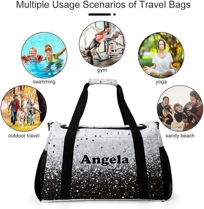 Black White Bling Print Personalized Duffle Travel Bag Custom Duffel Bag with Printed Sports Bag with Name Weekend Overnight