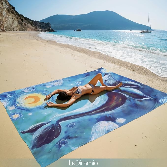 Beach Blanket Sand Proof Waterproof Oversized 100" x 80" Sand Free Mat with Corner Pockets and Mesh Bag for Outdoor, Picnic, Travel, Beach Accessories Portable, Watercolor Dolphin