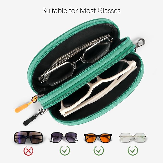 Double Eyeglasses Case Soft Portable Zipper Sunglasses Pouch with Keychain Clip for Men Women