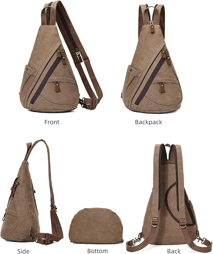 KL928 Canvas Sling Bag - Small Crossbody Backpack Shoulder Casual Daypack Rucksack for Men Women(Large Version,Brown)