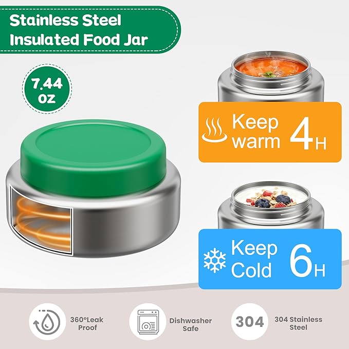Stainless Steel Bento Box Kids Adult with 7oz Insulated Food Jar, Transparent Lid Metal Lunch Box With Soup Thermal Jar, Lunch Box Container with Removable Divider & Sauce Cup School (Green)