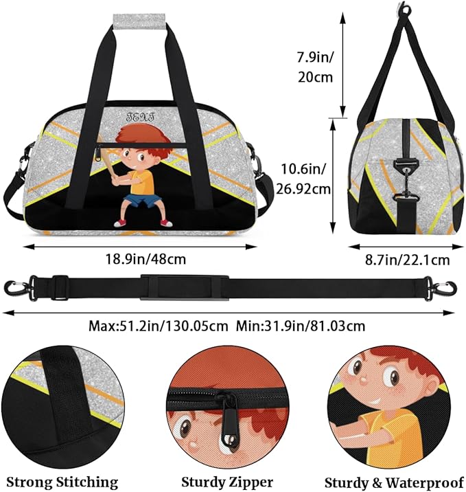 Custom Name Black Baseball Boy Gym Travel Duffle Bag with Front Zipper Pocket Personalizedfor Sports Bag for Overnight, Weekender, Carry On,Workout & Dance, 18.9 * 8.7 * 10.6 in