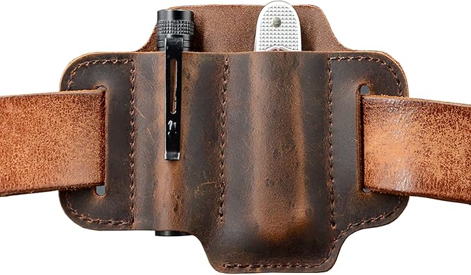 EDC Leather Knife Belt Sheath Tool Pouch, Small Tools Organizer, Fit Most 3.5" -4" Victorinox Knives, Fit 0.6" Wide Flashlights, EDC Holster, EDC Gear Carrier, Premium Leather. Chestnut.