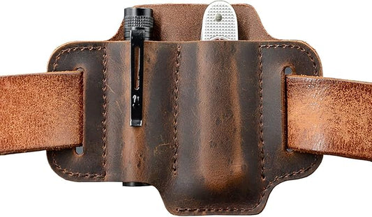 EDC Leather Knife Belt Sheath Tool Pouch, Small Tools Organizer, Fit Most 3.5" -4" Victorinox Knives, Fit 0.6" Wide Flashlights, EDC Holster, EDC Gear Carrier, Premium Leather. Chestnut.