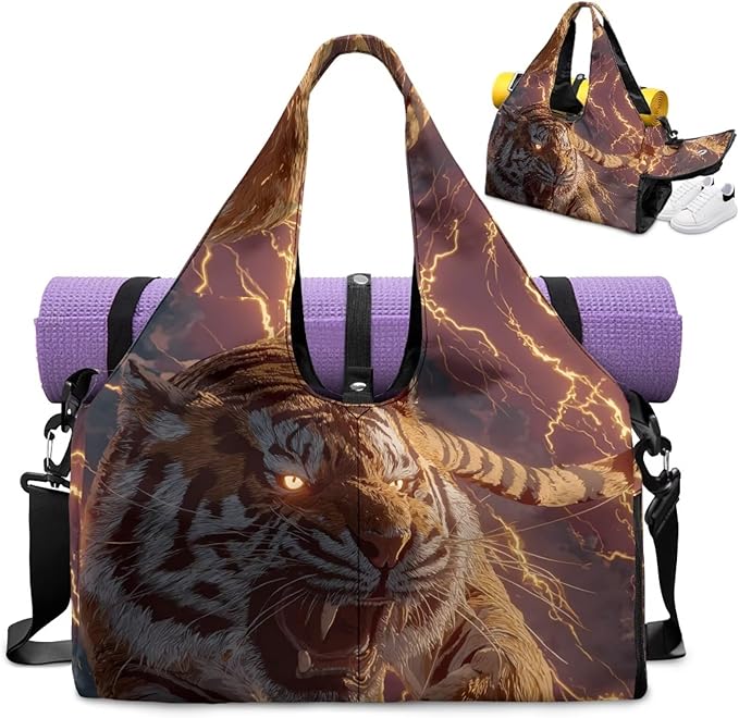 Tiger Gym Bag for Men Stylish Sports Bag with Shoe Compartment Water-Resistant Lightweight Duffel Bags with Zipper Pockets Fitness Workout Multi-Functional Yoga Mats Bags with Holder Strap