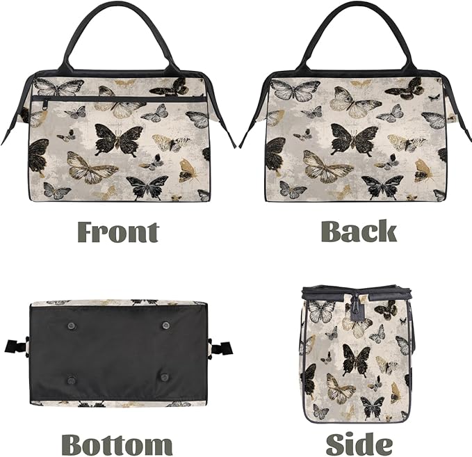 Vintage Gold Black Butterfly Overnight Weekender Bags for Women Men, Waterproof Travel Carry On Duffel Bag, Lightweight Sports Gym Bag for Fitness, Workout, Travel