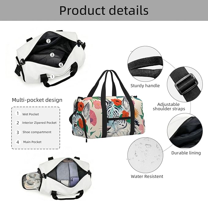Cute white tiger Print Gym Bag with Shoe Compartment for Women Men, 17.7in Sports Duffle Weekender Tote, Overnight Travel Duffel Bag Carry On