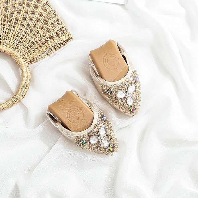 Women Ballet Flats Sparkly Rhinestone Wedding Ballerina Shoes Pointed Toe Foldable Comfort Slip on Flat Dress Shoes