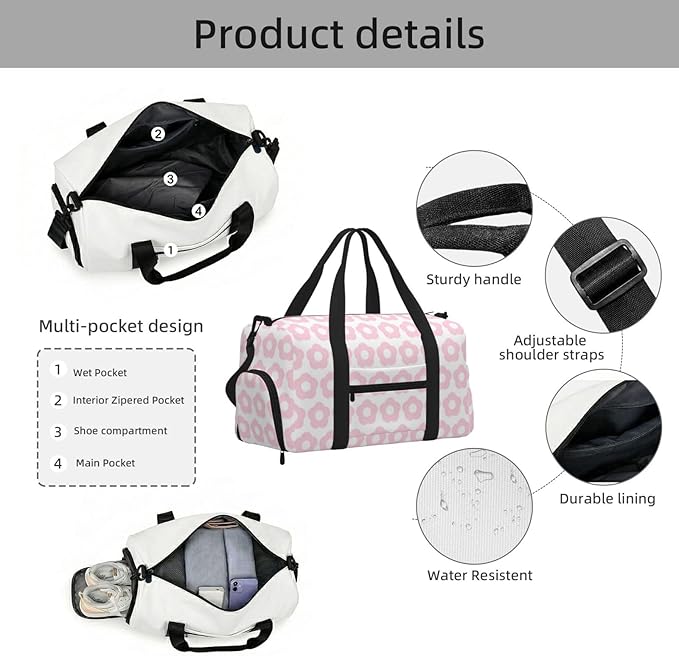 Cute Pink Floral Pattern Retro Women'S Gym Duffle Bag With Shoes Compartment, Ideal For Travel, Gym, Sports, Duffel, Weekender