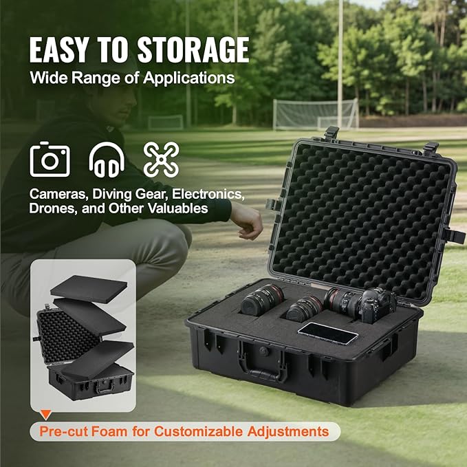 VEVOR Weatherproof Hard Case, Heavy Duty Protective Dry Box with Pre-cut Foam, and Retractable Pull Handles for Travel, Hunting, Military, Tactical, IP67 Waterproof Case for Cameras (24.4×19.3×8.9)