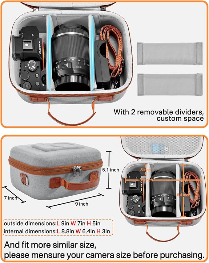 RAIACE Hard Case Compatible with Sony Alpha 7 II III IV/7R V Camera, for Nikon, for Canon, for Pentax and More. Mesh Pocket for Charger, Cables, Cards and Accessories. (case only) (Gray)