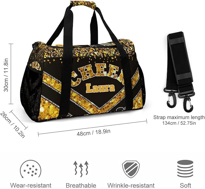 Personalized Cheer Bag Gifts for Girls Sport Cheerleading Gym Travel Duffel Bag Overnight Weekender Bags with Name (Golden)