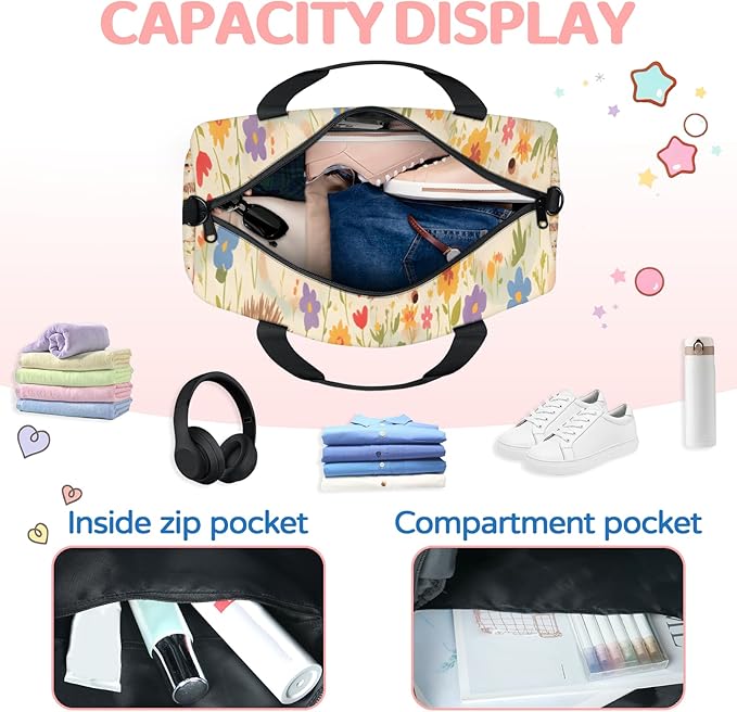 Spring Flowers Hedgehog Travel Duffle Bag for Men Women, Lightweight Sport Gym Bag Tote Overnight Weekender Carry on Tote