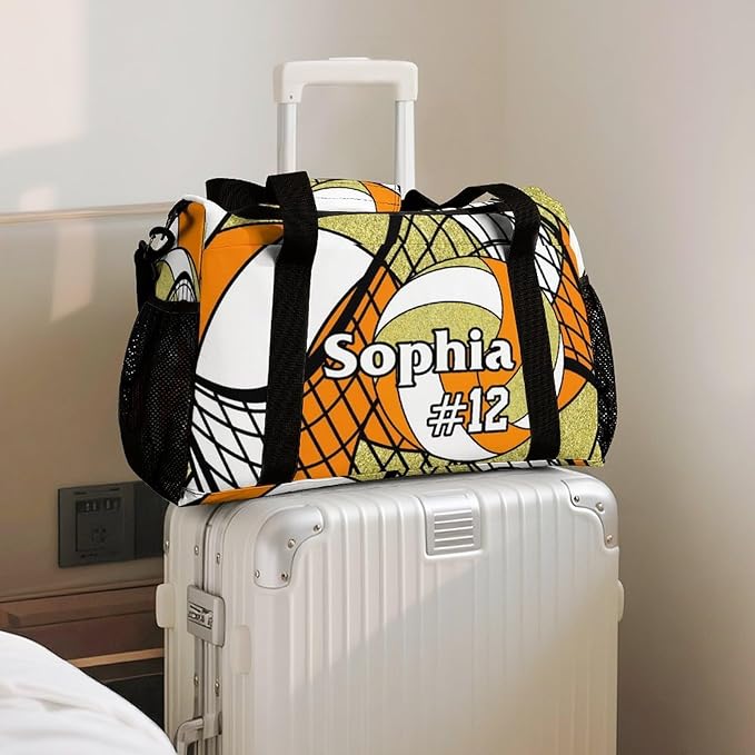 Custom Volleyball Orange Gold Duffel Bag with Name Personalized Travel Bags Sport Gym Bag Carry On Weekender Bags for Men Women