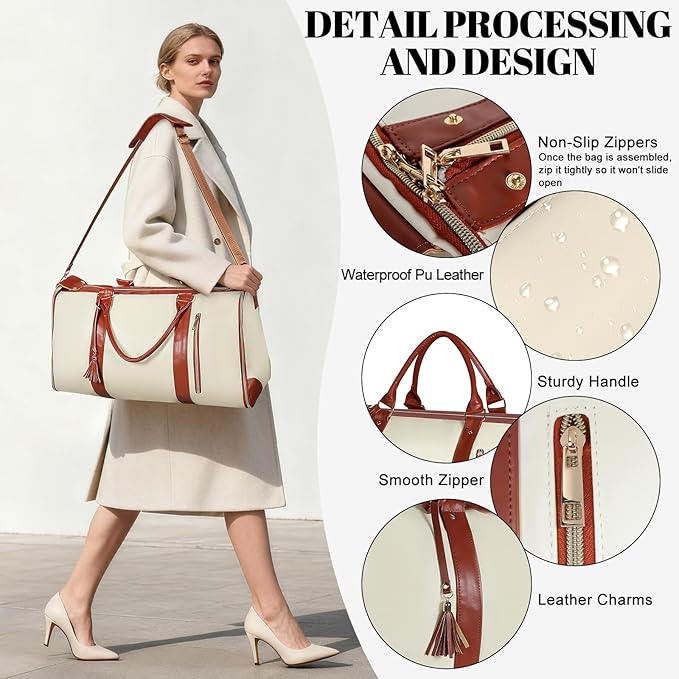 Geestock Garment Bag for Travel, Convertible Carry On Garment Duffle Bags for Women with Shoe Pouch & Detachable Shoulder Strap, Large PU Leather, 2 in 1 Hanging Suitcase Dress Suit Travel Bag, Beige