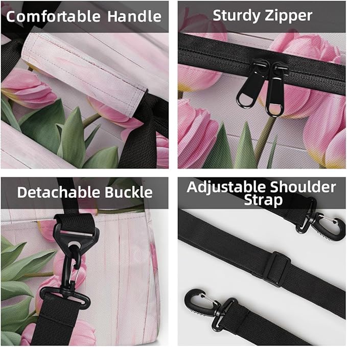 Pink Tulip Wooden Sports Duffel Bags, Water-Resistant Gym Duffle Bag for Men Women, Lightweight Weekender Overnight Bag for Fitness, Workout, Travel