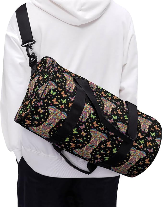 Foldable Gym Bag Elephant Butterfly Art Lightweight Travel Sports Bag Carry On Weekender Overnight Bags Beach Yoga Bags