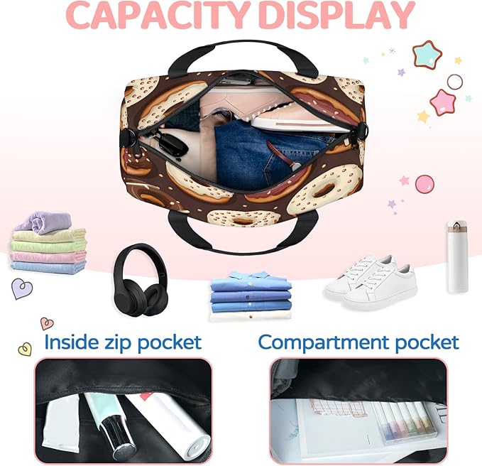 Donuts Gym Bag for Women 17 inch Waterproof Carry On Overnight Weekender Bag Sports Duffel Tote Bags for Travel Workout
