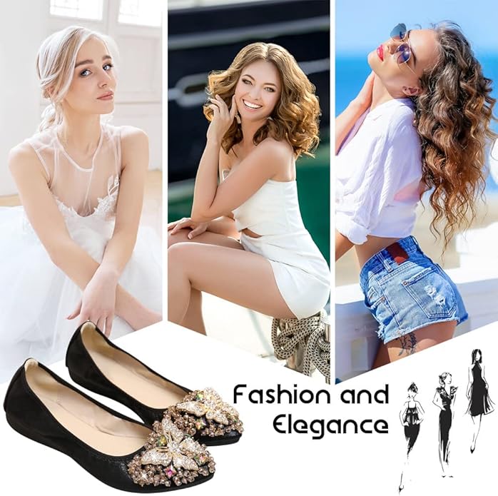 KUNWFNIX Women Ballet Flats Rhinestone Wedding Ballerina Shoes Foldable Sparkly Comfort Slip on Flat Shoes