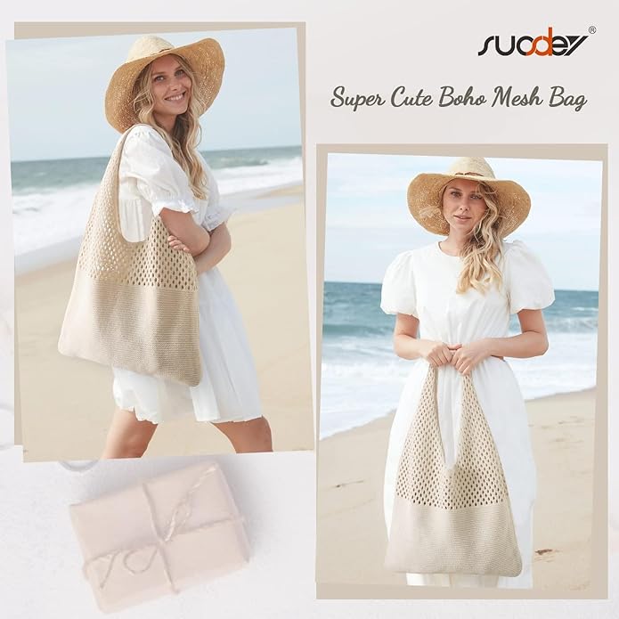 Beach Tote Bag for Women, Crochet Boho Aesthetic Mesh Shoulder Summer Vacation
