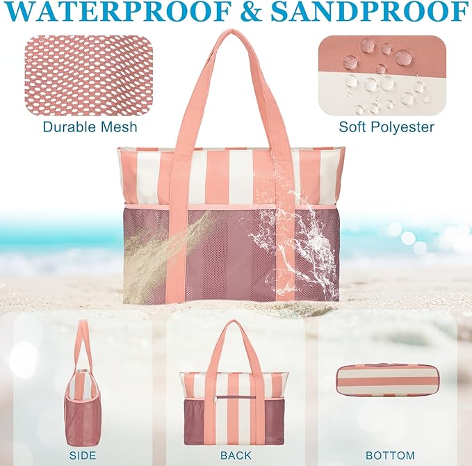 VASCHY Beach Bag for Women, Foldable Waterproof Sandproof Beach Tote with Zipper/Mesh Pockets for Vocation/Cruise/Gym/Travel
