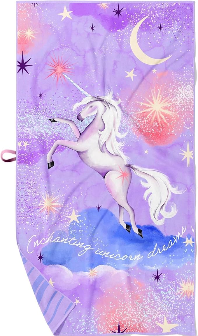 Kids Beach Towel – Quick-Dry Microfiber Pool Towel, Thin, Sand-Free, Perfect for Camping, Travel, Summer Camp, Cruise Essentials – Unicorn, Purple, 30" x 60"