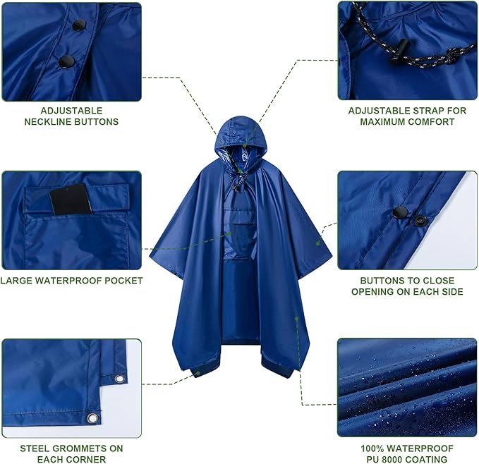 Hooded Rain Poncho for Adults - Waterproof Rain Coat and Lightweight Jacket 3-in-1 Multi-Function with Pockets