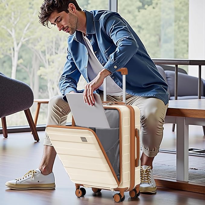 imiomo Carry on Luggage Airline Approved with Front Pocket and USB Port, Hard Shell 20 Inch Travel Carry-on Suitcase with Spinner Wheels and TSA Lock, White Brown