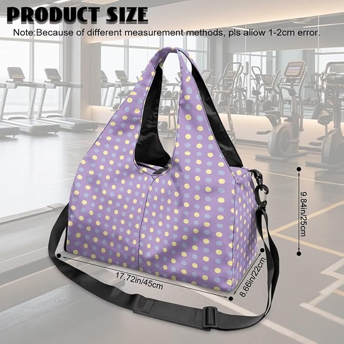Purple Polka Dots Gym Bag for Women Mini Travel Duffel Bag for Airplane Overnight Hospital Workout Beach Swim Yoga Camping Organizer Lightweight Weekender Bag with Shoe Compartment