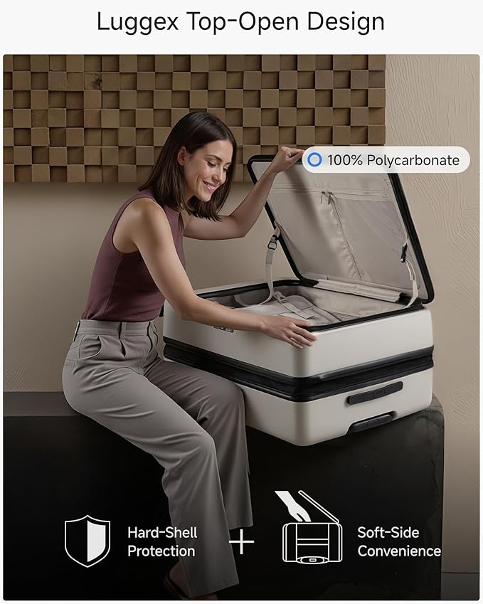 LUGGEX Checked Suitcase Top Opening, FLT Expandable Polycarbonate Hard Shell Suitcase with Wheels (FX-Lite, Beige, 30 Inch, 105L-115L)
