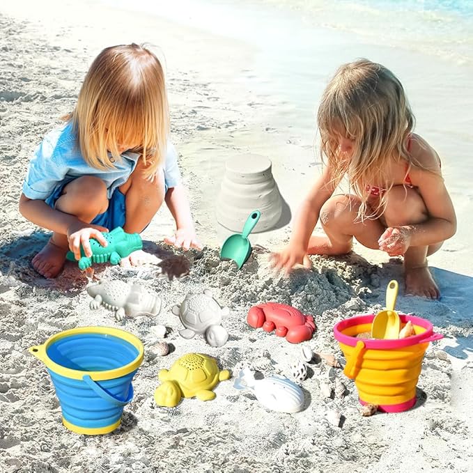 Collapsible Beach Toys for Kids Toddlers, Collapsible Sand Buckets Shovels Set with Mesh Bags and Sand Molds, Foldable Travel Sand Toys for Beach Sandbox Toys for Kids