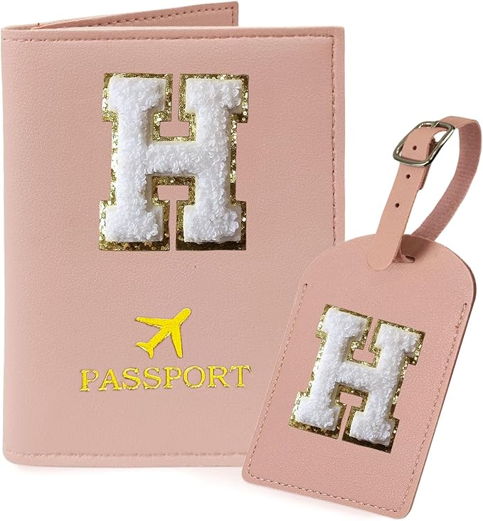 COSHAYSOO Initial Passport Cover Holder and Luggage Tag Set with Letter Name Patch for Women Teenage, Pink Travel Passport Book Vaccine Card Combo Bag Suitcase Identifier Pink H