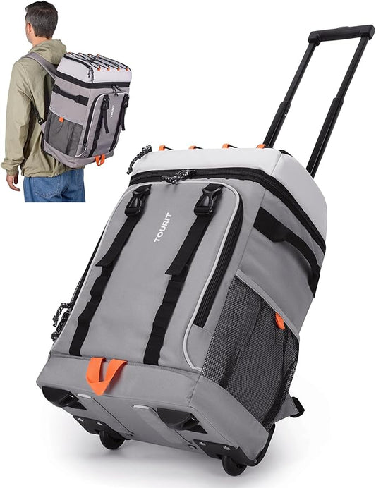 TOURIT 50-Can Rolling Backpack, Double Deck & Dual-Bar Handle Travel Soft Cooler Bag with Wheels, 30L Space Beach Cooler Size 18"(15"+3")×13"×11"