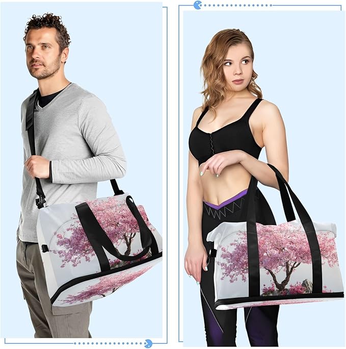 Travel Duffel Bags for Women Cherry Blossom Tree on Water Island Sports Duffel Bags Gym Bags with Shoes Compartment Tote Bag Weekender Bag for Travelling