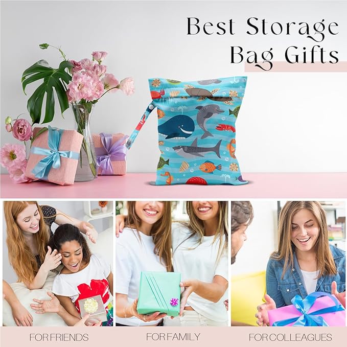 Wet Bag, Wet Dry Bag, Waterproof Swim Bags, Machine Washable Reusable Bags for Beach, Pool, Diapers, and Dirty Yoga Gym Clothes(Large Ocean Animals Cartoon Print