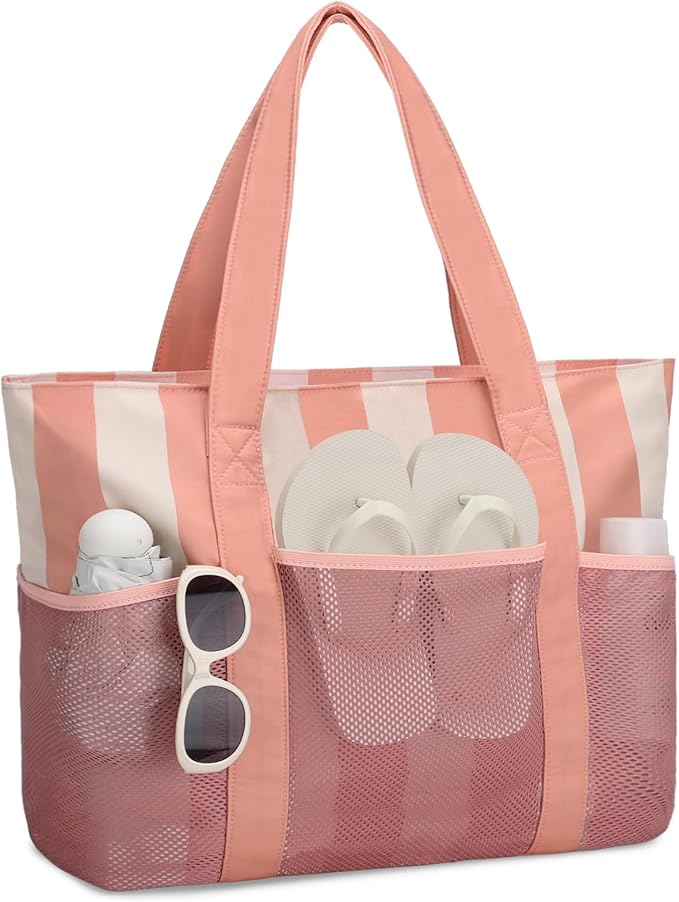 VASCHY Beach Bag for Women, Foldable Waterproof Sandproof Beach Tote with Zipper/Mesh Pockets for Vocation/Cruise/Gym/Travel