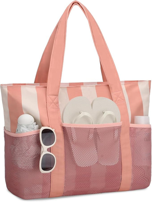 VASCHY Beach Bag for Women, Foldable Waterproof Sandproof Beach Tote with Zipper/Mesh Pockets for Vocation/Cruise/Gym/Travel