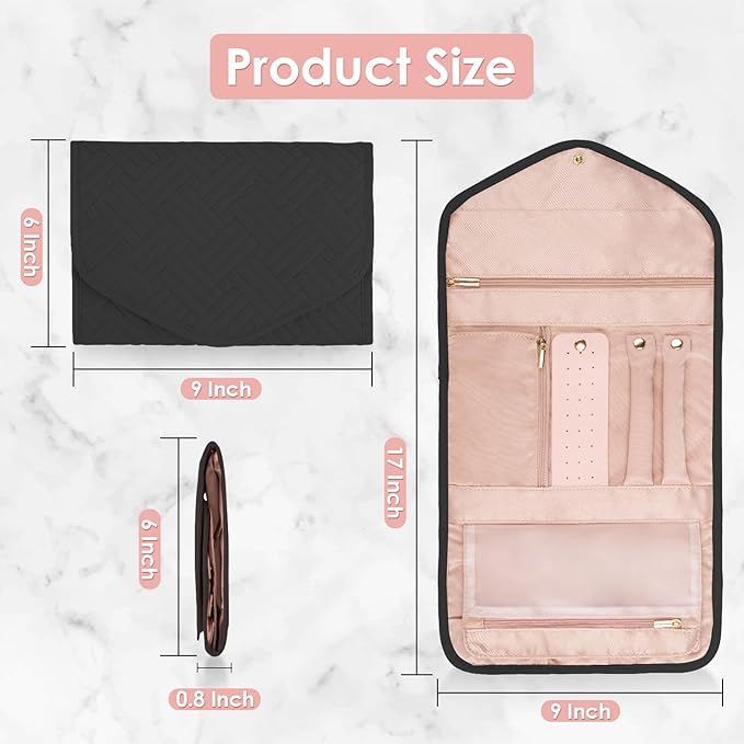 Travel Jewelry Roll Organizer Bag Foldable and Anti-Tangle Jewelry Holder Storage for Rings, Necklaces, Bracelets, Earrings and Accessories, Medium Black