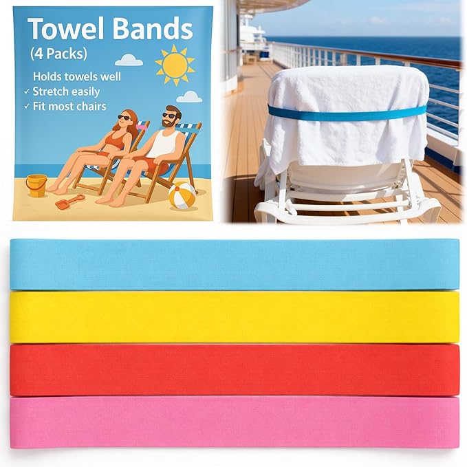 Wide Beach Towel Bands for Cruise Chairs - Windproof Elastic Towel Holder, Towel Straps for Beach/Pool & Lounge Chairs, Cruise Essentials & Beach Must Haves, Better Alternative to Beach Towel Clips