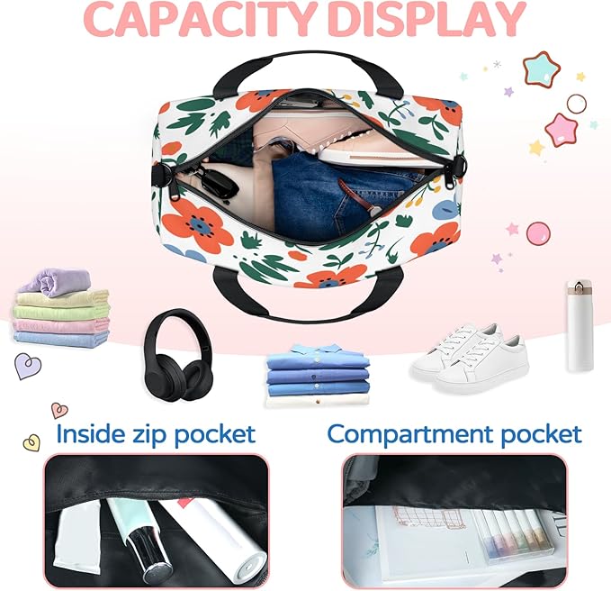 Pink Flowers Travel Duffle Bag for Women Men, Overnight Weekender Bag, Carry on Tote for Sport Gym
