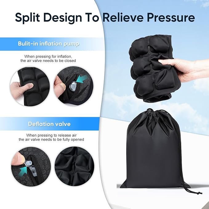 Travel mat - inflatable bubble design, used for car/office/airplane seat cushion, equipped with storage bags. Ergonomically designed 3D inflatable airbag, including neck pillow kit (Rectangle)