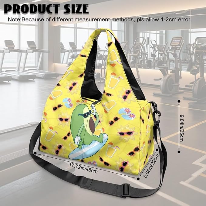 Cute Avocado Print Sports Bag with Shoe Compartment, Lightweight Yellow Duffel Bag with Yoga Holder Pockets Fitness Workout Multi-Functional Black Gym Bag with Wet Pockets
