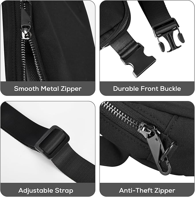 Black Fanny Pack Anti Theft for Women Men Travel, Small Belt Bag, Waist Crossbody with Adjustable Strap, Water-repellent & Lightweight, Stylish Everywhere Bag for Teens Trip, Workout, Unisex
